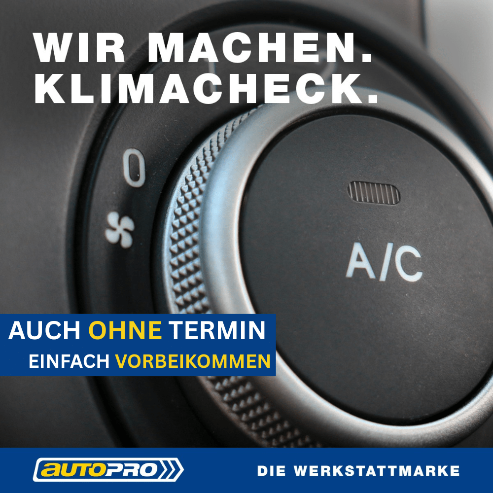 Mit und ohne Termin - Die Autowerkstatt Delmenhorst Close-up of a car A/C dial with bold white text 'WIR MACHEN. KLIMCHECK.' and a blue banner promoting walk-in service; AutoPro logo at the bottom.